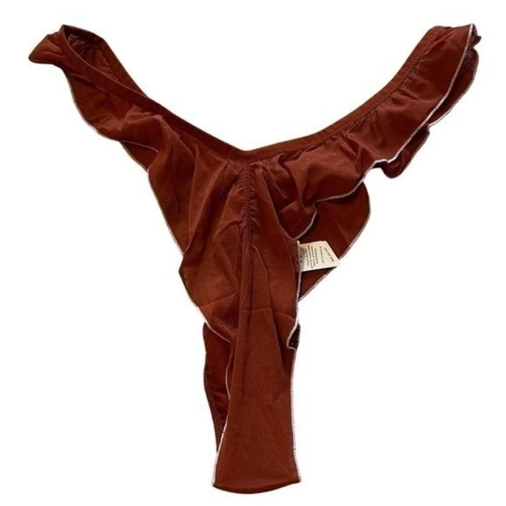 We are HAH Hot As Hell Ruffled Thong Underwear Rust Brown High Cut Mesh NWT XL